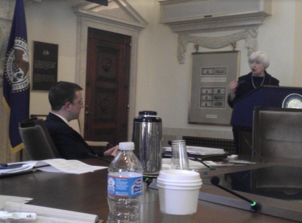 J.W. Verret questioning Janet Yellen in 2014, when he led oversight of the Federal Reserve as the chief economist for the House Financial Services Committee.