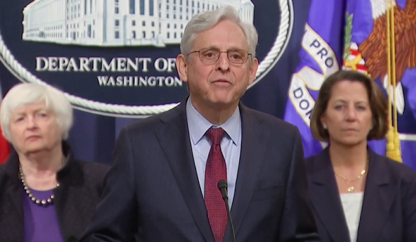 U.S. Attorney General Merrick Garland during the indictment announcement. (DoJ)