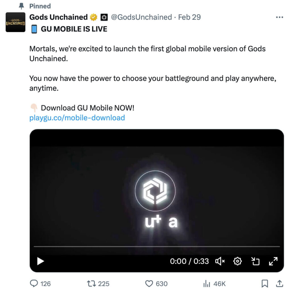 Gods Unchained announcing the mobile edition on X