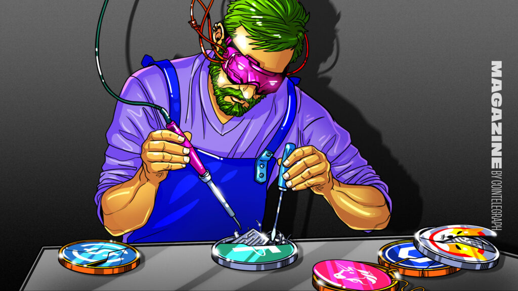 Illustration of a developer using tools to surgically fix a physical ERC-20 token.