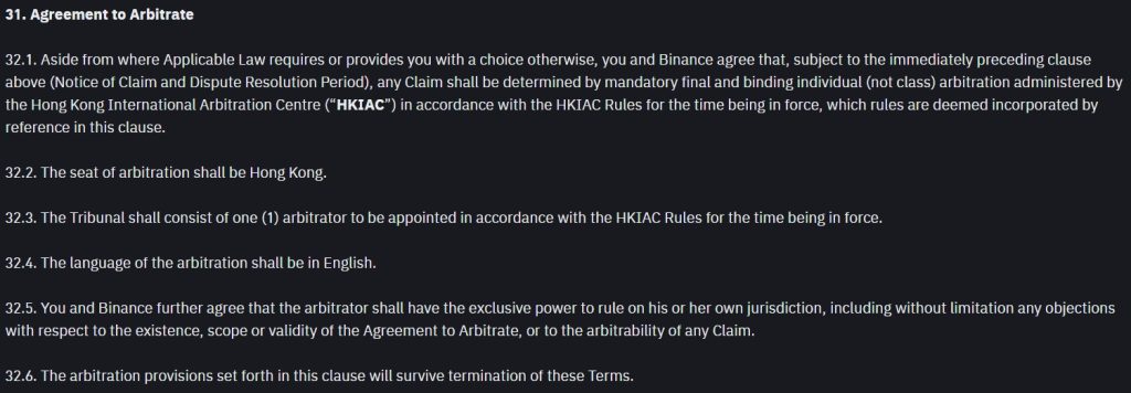 Binance arbitration clause