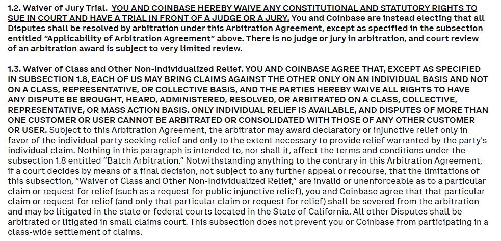 Jury trial waver in Coinbase's user agreement on Feb. 15