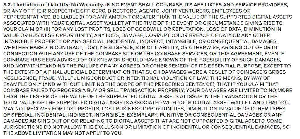 Limitation of Liability detailed in Coinbase's user agreement shields the exchange from data breaches.