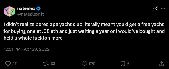Nate Alex tweet about the insanity of value BAYC delivered