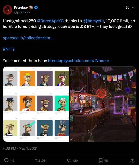 Pranksy initial tweet on BAYC