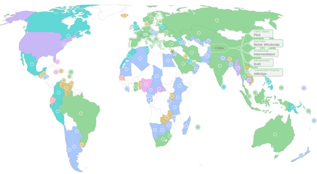 World map of central bank digital currency progress