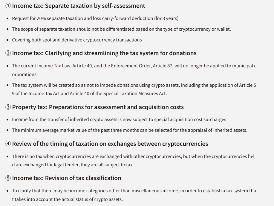 Two of Japan's crypto industry associations outline five requests for tax reforms.