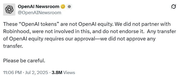 OpenAI claims Robinhood's OpenAI tokens do not offer equity