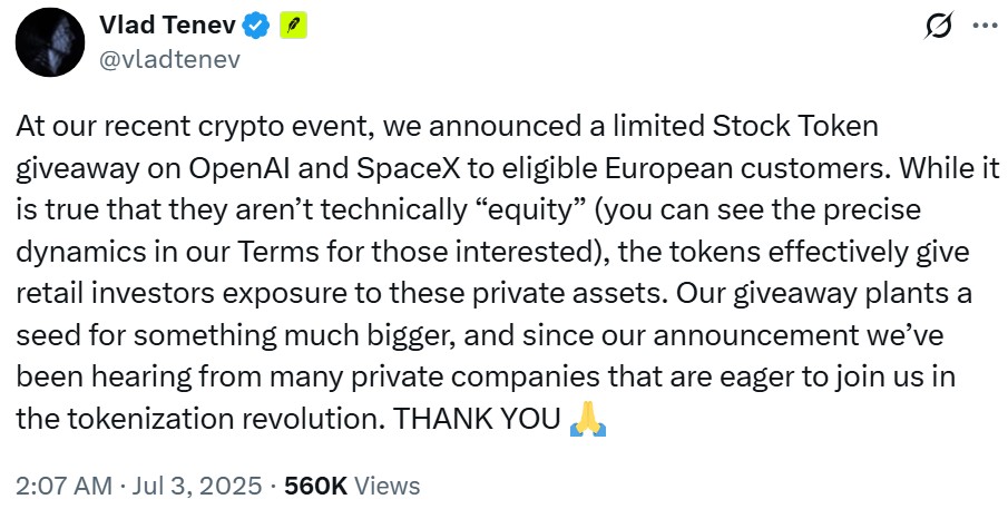 Robinhood CEO Vlad Tenev's message on X claims rising interest from private companies on the platform's tokenized stocks initiative.