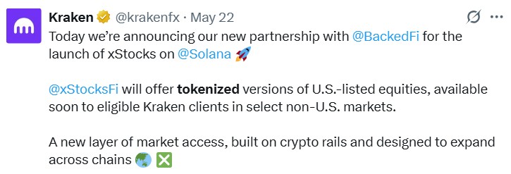 Kraken announces its own tokenized stocks venture on Solana