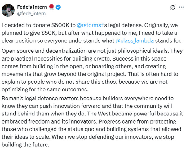 Fede's intern donates to Roman Storm's campaign