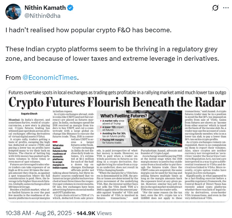 Indian tech billionaire Nithin Kamath reacts to Indian crypto traders flocking to futures market