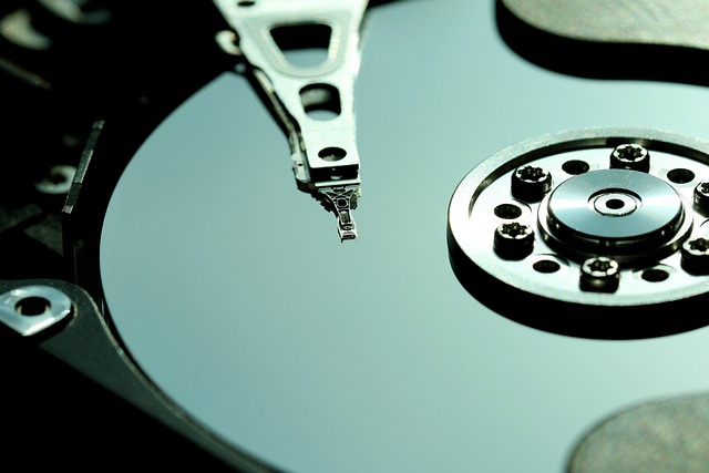 An extreme close up of a hard disk.