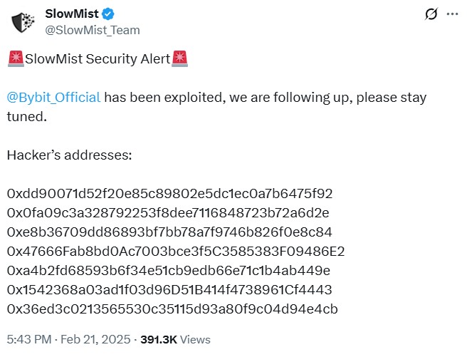 SlowMist tracks Bybit hacked funds