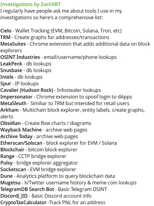 List of investigation tools used by crypto detective ZachXBT.