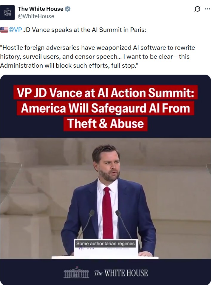 White House tweets as Vice President JD Vance speaks at Paris AI summit