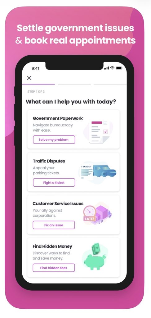 Screen showing DoNotPay services on mobile app