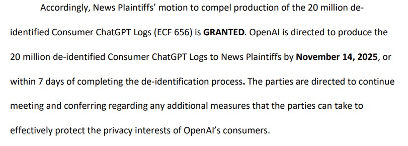 Court orders open AI to produce 20 million de-identified consumer chat logs