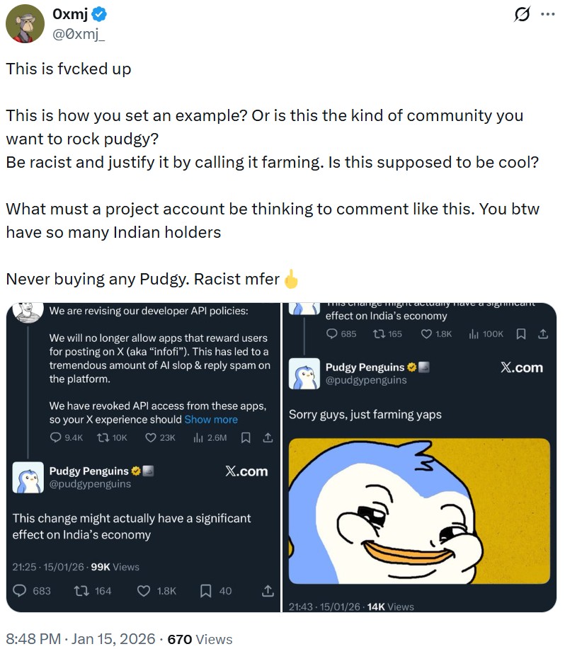 Indian X users slam Pudgy Penguins now-deleted tweet